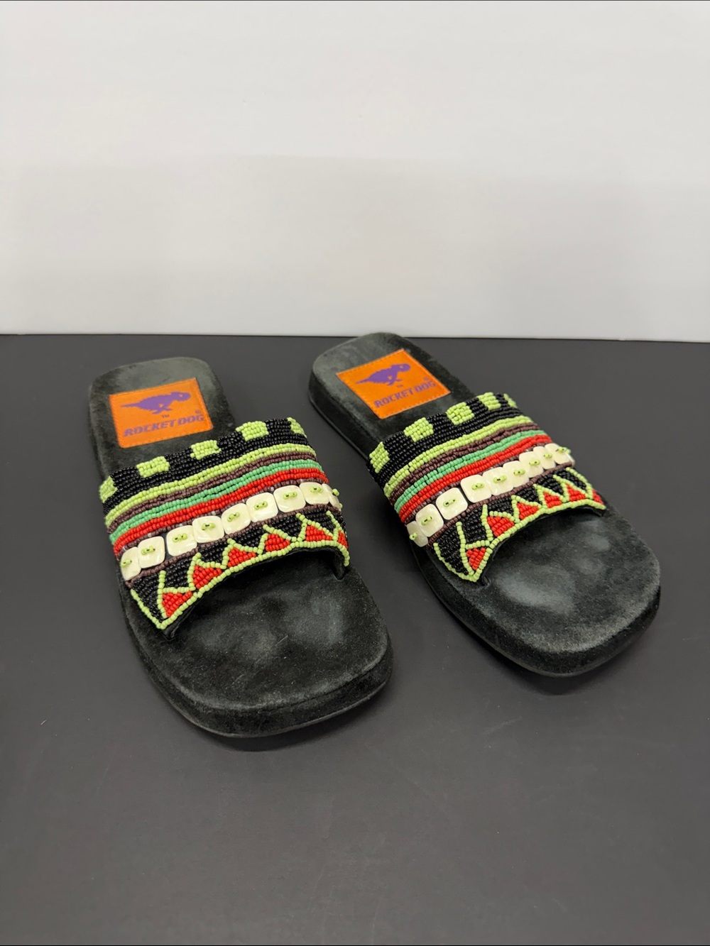 Rocket Dog Black Beaded Slide Sandals with Multicolor Embellishment